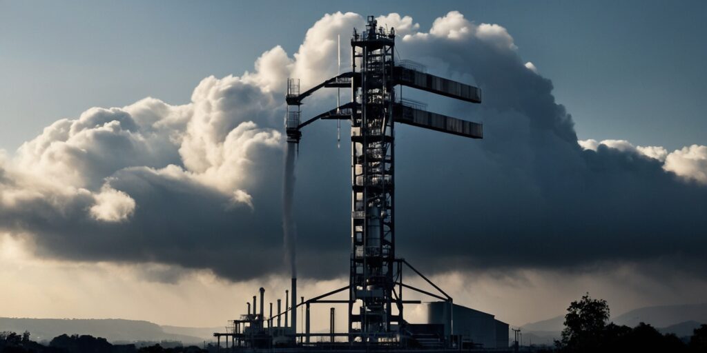 Une image d'un Cloud Stacker en action, montrant la vapeur s'échappant du système de production. La vapeur est visible sous forme d'un nuage blanc dense, s'élevant verticalement dans l'air.